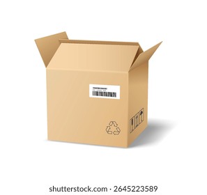 Cardboard box with a barcode and recycling symbol, depicted on a white background. This realistic illustration highlights shipping and packaging concepts.