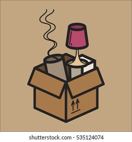 Cardboard box with a bedside lamp, vase and decoration for the house Minimalistic Flat Line Color Stroke Icon Pictogram Illustration