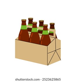 Cardboard box of beer bottles. Dark beer in a glass bottle. Box of beer. Flat illustration isolated on white background.