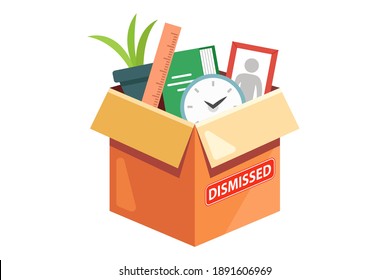 a cardboard box with the belongings of a dismissed employee. flat vector illustration isolated on white background.