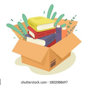 Caja de cartón con libros. Paquete. Ilustración vectorial en estilo plano.