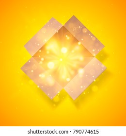 Cardboard box with a bright glow inside. Open box. Top view. Detailed bokeh effect.