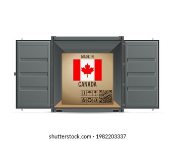 Cardboard box Canada in cargo container on a white background. Vector illustration.
