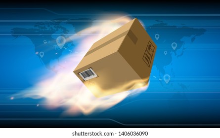 Cardboard box with cargo is flying on fire. Global mail delivery. Vector illustration.