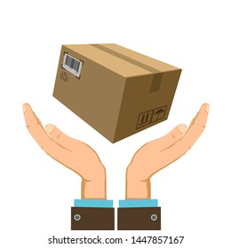 Cardboard box with cargo over human hands. Vector flat graphics illustration.