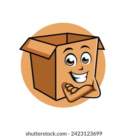 Cardboard Box Cartoon Character Cross arm Happy Mascot Illustration, Vector Clipart