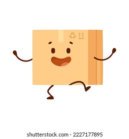 Cardboard box cartoon character dancing vector illustration. Cute closed comic package, funny parcel with face isolated on white background. Delivery service, warehouse concept