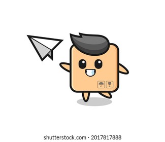 cardboard box cartoon character throwing paper airplane , cute style design for t shirt, sticker, logo element