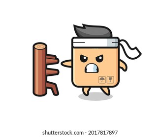 cardboard box cartoon illustration as a karate fighter , cute style design for t shirt, sticker, logo element