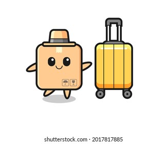 cardboard box cartoon illustration with luggage on vacation , cute style design for t shirt, sticker, logo element