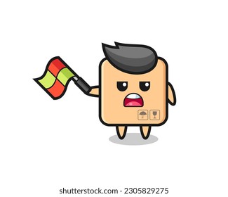 cardboard box cartoon as the line judge hold the flag up at a 45 degree angle , cute style design for t shirt, sticker, logo element