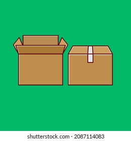 Cardboard Box Cartoon Style Icon Illustration. Two Boxes Open And Closed On Green Background