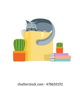 Cardboard Box and a Cat. Concept Of Moving. Vector illustration