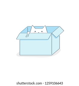 Cardboard box with a cat, cute outline vector illustration on white. File not found, 404 modern vector icon concept.