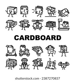cardboard box character icons set vector. package delivery, carton shipping, parcel happy, cute container, face funny, man cardboard box character black contour illustrations