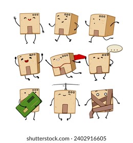 cardboard box character set cartoon. parcel cute, shipping order, face funny cardboard box character sign. isolated symbol vector illustration