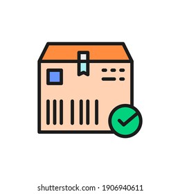 Cardboard box with check mark, cargo delivered, verified color line icon.