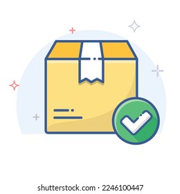 Cardboard box with check mark linear icon. Delivered order vector illustration.
