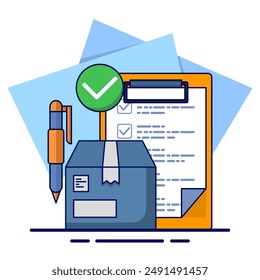 Cardboard box with check mark linear icon. order sent. Delivery Confirmed. logistics and delivery, order delivery sign vector graphic. Flat vector illustration on background.