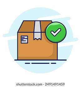 Cardboard box with check mark linear icon. order sent. Delivery Confirmed. logistics and delivery, order delivery sign vector graphic. Flat vector illustration on background.