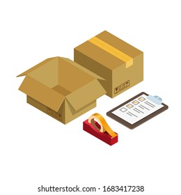 cardboard box with checklist paper board and roll tape, package shipping symbol isometric illustration vector isolated in white background