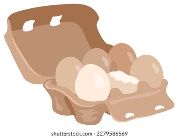 Cardboard box with chicken eggs. Five whole and one broken. Hand drawn vector illustration. Suitable for website, stickers, gift cards.