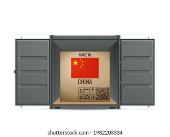 Caja de cartón China en contenedor de carga sobre fondo blanco. Ilustración vectorial.