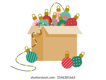 Caixa de papelão com decorações de Natal. Feliz Natal e feliz celebração de Ano Novo. Caixa de papelão com bolas de Natal multicoloridas