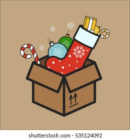 Cardboard box with Christmas decorations Minimalistic Flat Line Color Stroke Icon Pictogram Illustration