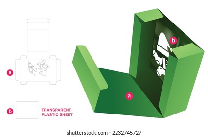 Cardboard box with Christmas festival window die cut template with transparent plastic sheet and 3D mockup