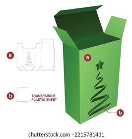 Cardboard box with Christmas tree window die cut template and 3D mockup