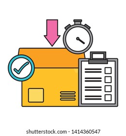 cardboard box clipboard clock check mark time fast delivery vector illustration