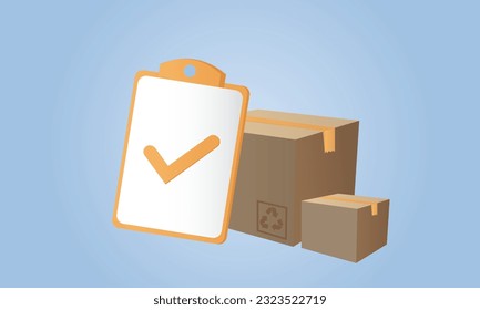 Cardboard box and clipboard with tick. Confirmed order delivery concept. Return parcel to courier. Shipment checklist.Vector illustration.