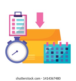 cardboard box clock clipboard calendar fast delivery business vector illustration