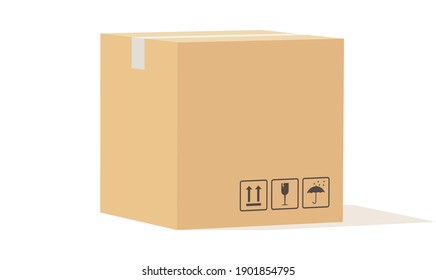 Cardboard box. Closed carton packaging cargo storage, beige square delivery parcel with fragile sign angle view, industry shipment, shipping goods, warehouse object vector single isolated illustration