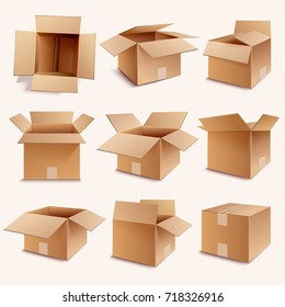 Cardboard box closed and open containers 3D vector illustrations isolated on white. Design of package for wrapping fragile products packed and ready for delivery