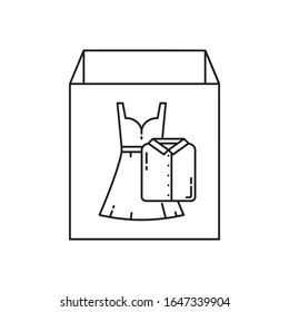 Caja de cartón con icono de ropa. Imagen lineal para ilustración de clasificación, embalaje, almacenamiento, transporte, entrega, compra. Contorno vectorial aislado en fondo blanco