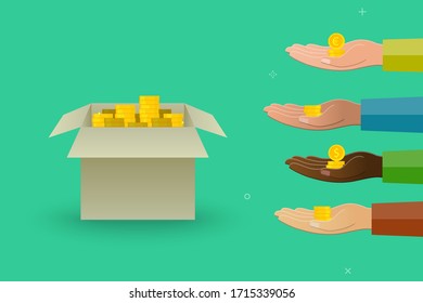 Cardboard box with coins and diverse people giving money as crowdfunding, fundraising, donation or financial help concept. Vector illustration in flat design.