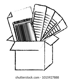 cardboard box and color palette guide and notebook and sheet blank in black blurred contour