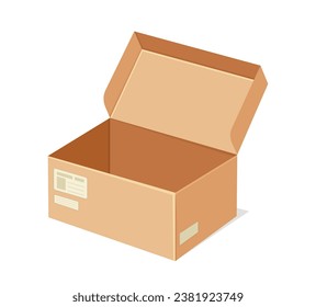Cardboard box concept. Parcel and package for goods and products. Delivery of food from cafe. Template and layout. Cartoon isometric vector illustration isolated on white background