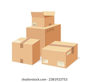 Cardboard box concept. Parcel and package for goods and products. Pack of boxes at warehouse. Poster or banner for website. Cartoon isometric vector illustration isolated on white background