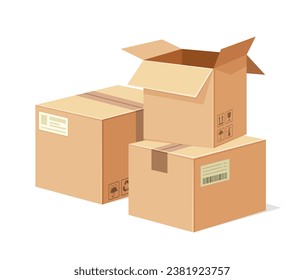 Cardboard box concept. Parcel and package for goods and products. Pack of boxes at warehouse. Logistics and transportation. Cartoon isometric vector illustration isolated on white background