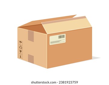 Concepto de caja de cartón. Paquete y paquete para productos y mercancías. Entrega y transporte. Plantilla y diseño. Ilustración vectorial isométrica de caricatura aislada en fondo blanco