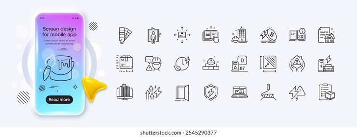 Cardboard box, Construction bricks and Charging time line icons for web app. Phone mockup gradient screen. Pack of Open door, Lightning bolt, Parcel checklist pictogram icons. Vector