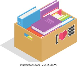 Cardboard box containing colorful books with an i love books sticker promotes the joy and importance of reading, symbolizing a passion for literature and knowledge