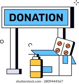 A cardboard box contains a blister pack of pills and a pump bottle next to a donation sign. This represents humanitarian medical aid and charitable healthcare support for communities in need.