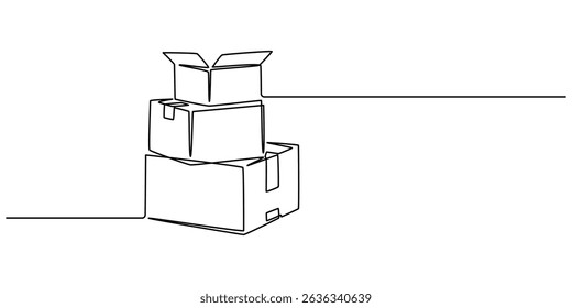 Cardboard box continuous one line drawing. Online shopping, fast delivery concept in simple linear style. Vector illustration, cardboard boxes continuous one line drawing. Single line art illustration