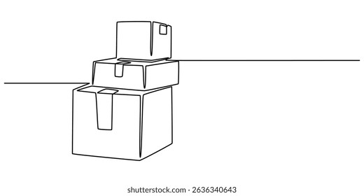 Cardboard box continuous one line drawing. Online shopping, fast delivery concept in simple linear style. Vector illustration, cardboard boxes continuous one line drawing. Single line art illustration