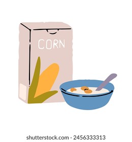 Caja de cartón de copos de maíz y tazón de cereales con leche. Crujientes hojuelas de muesli en el plato. Comida orgánica, producto. Aperitivos saludables para el desayuno. Ilustración vectorial aislada plana sobre fondo blanco