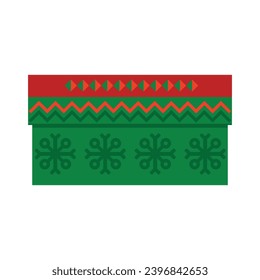 Cardboard box covered lid in wrapping with Norwegian national holiday pattern in red and green colors. Cardboard box in handmade knitted ornate style. Simple flat vector isolated on white background